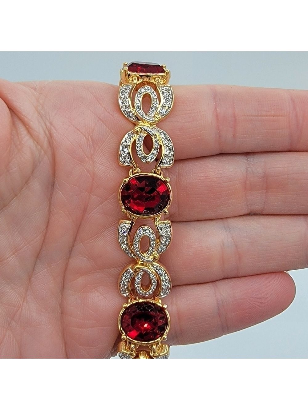 Vintage Bracelet Goldtone Red & Clear Crystals #1748